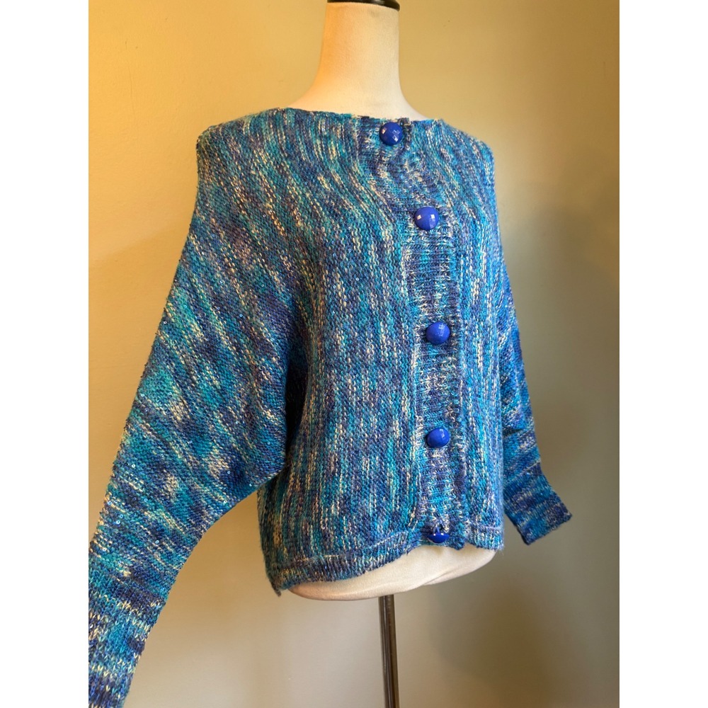Y2K whimsigoth boho Blue Sequin Button Front Cardigan Sweater M NEW cottage blin
